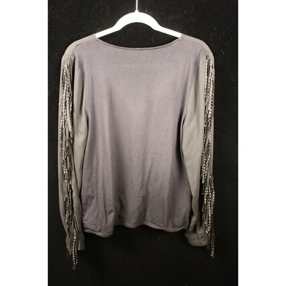 INC International Concepts Women's Fringe Sleeve V-Neck Blouse L Black - Picture 3 of 3